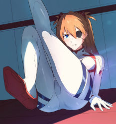 Rule 34 | 1girl, arm support, blue eyes, blush, bodysuit, breasts, closed mouth, commentary, evangelion: 3.0+1.0 thrice upon a time, eyepatch, foot out of frame, hair ornament, highres, indoors, leg up, long hair, looking at viewer, medium breasts, neon genesis evangelion, orange hair, pilot suit, plugsuit, rebuild of evangelion, shoe soles, sitting, solo, souryuu asuka langley, yakisobaosu