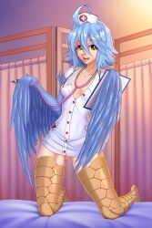 Rule 34 | 1girl, absurdres, ahoge, anxiety chan, bed, bird legs, blue feathers, blue hair, blue wings, breasts, clipboard, commentary, dress, feathered wings, feathers, gluteal fold, hair between eyes, harpy, hat, highres, holding, holding clipboard, kneeling, looking at viewer, messy hair, monster girl, monster musume no iru nichijou, nurse, nurse cap, open mouth, papi (monster musume), partially unbuttoned, scales, small breasts, solo, stethoscope, talons, white dress, winged arms, wings, yellow eyes