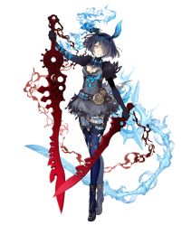 Rule 34 | 1girl, alice (sinoalice), belt, black dress, blue hair, chain, cracked skin, dark blue hair, dress, dual wielding, full body, glowing, glowing eyes, glowing veins, hair over one eye, hairband, holding, holding sword, holding weapon, ji no, looking at viewer, official art, red eyes, short hair, sinoalice, solo, sword, tattoo, tiptoes, torn clothes, torn dress, torn legwear, transparent background, weapon