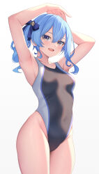 Rule 34 | 1girl, absurdres, aoi zerii, armpits, arms up, black one-piece swimsuit, blue eyes, blue hair, blue ribbon, blush, breasts, competition swimsuit, covered navel, hair between eyes, hair ribbon, highres, hololive, hoshimachi suisei, looking at viewer, one-piece swimsuit, open mouth, ribbon, side ponytail, small breasts, smile, solo, star (symbol), star in eye, swimsuit, symbol in eye, thighs, two-tone swimsuit, virtual youtuber, white one-piece swimsuit