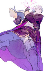 Rule 34 | 1boy, belt, book, boots, brown eyes, brown gloves, closed mouth, coat, electricity, feet out of frame, fire emblem, fire emblem heroes, from below, gloves, holding, holding book, legs apart, magic, male focus, nintendo, open book, pants, robin (fire emblem), robin (male) (fire emblem), shirt, signature, silver hair, simple background, solo, standing, ukumo uichi, white background
