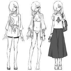 Rule 34 | 1girl, backpack, bag, bare legs, barefoot, bike shorts, bikini, breasts, camera, cleavage, commentary request, greyscale, hair over one eye, highres, holding, long sleeves, looking at viewer, medium breasts, monochrome, multiple views, navel, one eye covered, oopartz yang, original, sandals, shirt, shoes, short hair, short shorts, shorts, skirt, smile, standard bearer, standing, swimsuit, uma (oopartz yang)