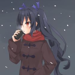 Rule 34 | 10s, 1girl, alternate costume, black hair, casual, coat, coffee, contemporary, cup, disposable coffee cup, disposable cup, himajin (starmine), long hair, neptune (series), noire (neptunia), red eyes, scarf, solo, steam, twintails, winter clothes, winter coat