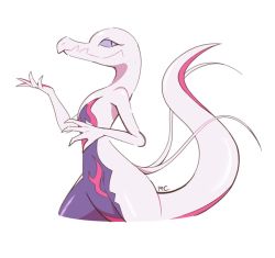 Rule 34 | artsy-rc, commentary, creatures (company), english commentary, from side, game freak, gen 7 pokemon, looking at viewer, looking to the side, nintendo, no humans, pokemon, pokemon (creature), profile, salazzle, sideways glance, signature, simple background, smile, solo, standing, white background