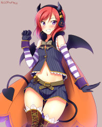 Rule 34 | 10s, 1girl, bare shoulders, bat wings, blush, boots, cape, dancing stars on me!, dated, demon girl, demon tail, elbow gloves, fake horns, gloves, grin, halloween, headphones, headset, highres, horns, jack-o&#039;-lantern, love live!, love live! school idol project, navel, nishikino maki, paw pose, pinstripe pattern, purple eyes, red hair, short hair, shorts, simple background, smile, solo, striped clothes, striped gloves, tail, thigh boots, thighhighs, wings, yu-ta