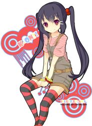 Rule 34 | 1girl, bad id, bad pixiv id, black hair, brown eyes, casual, female focus, fen renlei, hair bobbles, hair ornament, k-on!, long hair, nakano azusa, solo, striped clothes, striped thighhighs, thighhighs, transparent background, twintails