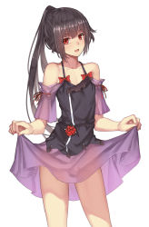 Rule 34 | 1boy, bare shoulders, black hair, bow, collarbone, commentary request, cowboy shot, dress, fingernails, highres, long hair, looking at viewer, male focus, musyne xsk, open mouth, original, ponytail, red bow, red eyes, ribbon-trimmed sleeves, ribbon trim, short sleeves, simple background, skirt hold, smile, solo, standing, trap, white background