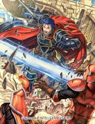 Rule 34 | 1boy, armor, axe, belt, blue eyes, blue hair, brown gloves, cape, company name, copyright name, fire emblem, fire emblem: the blazing blade, fire emblem cipher, from behind, gloves, hector (fire emblem), helmet, holding, holding axe, izuka daisuke, nintendo, official art, open mouth, red cape, short hair, solo focus