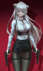 Rule 34 | 1girl, absurdres, ahoge, animal ears, black pantyhose, black shorts, breasts, collared shirt, ear piercing, floating hair, grey eyes, grey hair, guihuo inferno, gun, hair ornament, highres, holding, holding gun, holding weapon, hololive, large breasts, lion ears, lion girl, lion tail, long hair, long sleeves, looking at viewer, official alternate costume, pantyhose, piercing, red background, shadow, shirt, shishiro botan, shishiro botan (button-down), shorts, sidelocks, simple background, solo, standing, tail, thighs, very long hair, virtual youtuber, weapon, white shirt