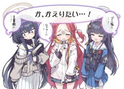 Rule 34 | 3girls, binoculars, black hair, blue archive, blush, closed eyes, commentary request, forehead, gloves, hair between eyes, hair ornament, halo, headband, highres, jacket, miyu (blue archive), multiple girls, open mouth, purple eyes, red eyes, red hair, school uniform, sweat, sweater, tears, translated, ui (blue archive), yandama, yuzu (blue archive)