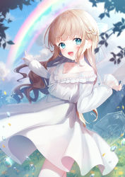 Rule 34 | 1girl, :d, bare shoulders, blonde hair, blue sky, braid, choker, cloud, cloudy sky, collarbone, commentary request, dress, flower, green eyes, hair flower, hair ornament, half updo, highres, long hair, long sleeves, looking at viewer, moe2022, open mouth, original, outdoors, outstretched arm, pointing, puffy long sleeves, puffy sleeves, rain, rainbow, segawa luna, sky, smile, solo, transparent, transparent umbrella, umbrella, very long hair, white choker, white dress, white flower