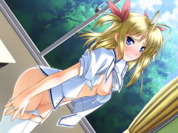 Rule 34 | 1girl, antenna hair, asanagi konatsu, ass, blonde hair, blue eyes, blush, body blush, bra, breasts, curtains, game cg, kokoyori haruka -surrounded sea in the world-, lingerie, looking at viewer, murakami suigun, nipples, open clothes, open shirt, panties, panty pull, shirt, small breasts, solo, tears, thighhighs, two side up, underwear, unfastened, wavy mouth, white panties, white thighhighs, window