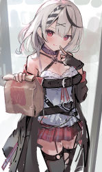 Rule 34 | 1girl, :q, bag, belt, black belt, black coat, black gloves, black hair, black thighhighs, blouse, blush, breasts, cleavage, coat, collar, finger to cheek, fingerless gloves, garter straps, gloves, hair ornament, heart collar, highres, holding, holding bag, hololive, holox, long sleeves, looking at viewer, mcdonald&#039;s, medium breasts, medium hair, multicolored hair, off shoulder, open clothes, open coat, plaid, plaid skirt, red skirt, sakamata chloe, sakamata chloe (1st costume), shirt, silver hair, skirt, smile, solo, standing, streaked hair, t6 ti, thighhighs, tongue, tongue out, torn clothes, torn thighhighs, two-tone hair, virtual youtuber, wcdonald&#039;s, white shirt, x hair ornament