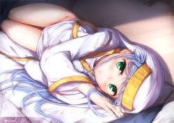 Rule 34 | 1girl, alternate hair color, bare legs, blue hair, blush, bottomless, breast press, breasts, closed mouth, covered erect nipples, gluteal fold, green eyes, habit, hat, highres, index (toaru majutsu no index), indoors, long hair, long sleeves, looking at viewer, luft7star, lying, nun, on bed, on side, pussy, pussy peek, safety pin, small breasts, solo, toaru majutsu no index, twitter username