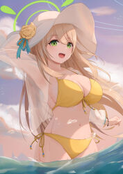 Rule 34 | 1girl, :d, absurdres, bikini, blonde hair, blue archive, breasts, cloud, green eyes, halo, hat, highres, large breasts, long hair, navel, nonomi (blue archive), nonomi (swimsuit) (blue archive), official alternate costume, open mouth, pige pig, shirt, sky, smile, solo, stomach, sun hat, swimsuit, very long hair, wading, water, white hat, white shirt, yellow bikini