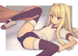 Rule 34 | 1boy, 1girl, black thighhighs, blonde hair, blue eyes, blunt bangs, buruma, cameltoe, collarbone, commentary request, commission, covered erect nipples, everyntrge, eyebrows hidden by hair, full body, gym uniform, hair intakes, hair spread out, hime cut, holding another&#039;s leg, long hair, looking at another, lying, mary janes, on back, original, parted lips, shirt, shoes, size difference, skeb commission, solo focus, spread legs, sweatdrop, thighhighs, thighs, tsurime, white shirt