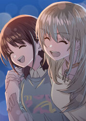 Rule 34 | 2girls, ^ ^, arm around neck, asada7101, brown hair, brown shirt, closed eyes, collared shirt, commentary, dress shirt, girls band cry, grey hair, grey sweater, highres, iseri nina, jewelry, kawaragi momoka, long hair, low twintails, multicolored hair, multiple girls, necklace, open mouth, roots (hair), shirt, short hair, short twintails, sidelocks, sweater, teeth, twintails, upper body, upper teeth only