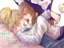Rule 34 | 2girls, alice margatroid, alternate eye color, blonde hair, blue eyes, blush, bow, braid, candy, couple, dress, eye contact, female focus, finger in another&#039;s mouth, food, girl on top, green eyes, hat, highres, hug, imminent kiss, kirisame marisa, lollipop, long hair, looking at another, lying, lying on person, meeeeeji, meiji (charisma serve), multiple girls, on back, open mouth, profile, short hair, single braid, tongue, tongue out, touhou, witch hat, yuri