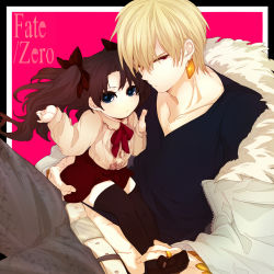 Rule 34 | 1boy, 1girl, aged down, ariue00728, bad id, bad pixiv id, black thighhighs, blonde hair, blue eyes, brown hair, casual, child, earrings, fate/zero, fate (series), gilgamesh (fate), highres, jewelry, long hair, red eyes, thighhighs, tohsaka rin, twintails, v-neck