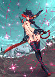 Rule 34 | 1girl, adsouto, ass, black hair, black thighhighs, blue eyes, boots, breasts, day, eyes visible through hair, full body, garter straps, gloves, gluteal fold, hair ornament, high heel boots, high heels, highres, kill la kill, large breasts, lips, matoi ryuuko, microskirt, multicolored hair, navel, outdoors, pleated skirt, red hair, revealing clothes, scissor blade (kill la kill), senketsu, short hair, short hair with long locks, shrug (clothing), skirt, solo, thigh boots, thighhighs, wardrobe malfunction, weapon