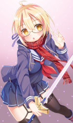Rule 34 | 1girl, ahoge, artoria pendragon (fate), black thighhighs, blonde hair, blue skirt, blush, breasts, fate (series), glasses, highres, holding, holding sword, holding weapon, large breasts, looking at viewer, mysterious heroine x alter (fate), mysterious heroine x alter (first ascension) (fate), parted lips, red scarf, scarf, skirt, solo, sword, thighhighs, umitonakai, weapon, yellow eyes