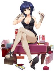 Rule 34 | 1girl, black dress, black footwear, blue hair, breasts, brown eyes, candy, chair, chocolate, chocolate heart, cle masahiro, cleavage, dress, feet, female focus, finger to face, fingerless gloves, fishnet pantyhose, fishnets, food, gift, gloves, halterneck, heart, high heels, highres, holding, kouno yuria, large breasts, crossed legs, looking at viewer, panties, panties under pantyhose, pantyhose, pantyshot, short dress, short hair, simple background, sitting, smile, solo, toes, underwear, valkyrie drive, valkyrie drive -siren-, white background, yellow panties