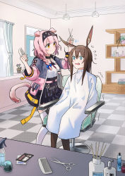 Rule 34 | 2girls, @ @, absurdres, amiya (arknights), animal ear fluff, animal ears, arknights, barber, barber chair, black headband, black jacket, black skirt, blanket, blue bow, blue eyes, bottle, bow, braid, brown hair, brown pantyhose, cat ears, cat girl, cat tail, ceiling light, checkered floor, closed mouth, comb, commentary request, curtains, cutting hair, floppy ears, goldenglow (arknights), grey jacket, hair bow, hairband, headband, high-waist skirt, highres, holding, holding comb, holding scissors, id card, indoors, jacket, lightning bolt print, lightning bolt symbol, long hair, looking at another, messy hair, multicolored clothes, multicolored jacket, multiple girls, nyanko960121, open clothes, open jacket, open mouth, pantyhose, pink hair, pink jacket, plant, potted plant, print hairband, pulverizer, rabbit ears, rabbit girl, scared, scissors, shelf, shirt, side braid, single braid, skirt, sleeves past elbows, smile, split mouth, sweatdrop, tail, thighhighs, trembling, wavy mouth, white shirt, white thighhighs, window, yellow eyes