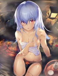 Rule 34 | 1girl, blue hair, blush, bottle, bottomless, breasts, cleavage, commentary, covering breasts, covering privates, dabuki, girls&#039; frontline, hair between eyes, highres, lantern, leaf, light blue hair, long hair, looking at viewer, medium breasts, midriff, naked towel, navel, night, nude cover, onsen, outdoors, parted lips, partially submerged, red eyes, sake bottle, sitting, solo, steam, thighs, thunder (girls&#039; frontline), towel, water, wet, wet hair