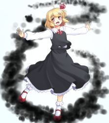 Rule 34 | 1girl, :d, black skirt, blonde hair, blouse, blush, darkness, hair ribbon, isaki (gomi), long sleeves, mary janes, necktie, open mouth, outstretched arms, red eyes, red footwear, red ribbon, ribbon, rumia, shirt, shoes, short hair, skirt, skirt set, smile, solo, spread arms, touhou, vest, white shirt, white shirt, wing collar