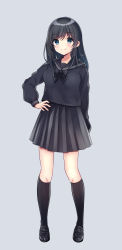 Rule 34 | 1girl, bad id, bad pixiv id, black bow, black footwear, black hair, black sailor collar, black serafuku, black shirt, black skirt, black socks, black theme, blue eyes, blush, bow, breasts, closed mouth, commentary request, fingernails, full body, grey background, hair between eyes, hand on own hip, highres, kneehighs, loafers, long hair, long sleeves, looking at viewer, minami saki, original, pleated skirt, sailor collar, school uniform, serafuku, shirt, shoes, simple background, skirt, small breasts, smile, socks, solo, standing