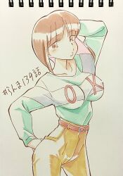 Rule 34 | arm behind head, belt, blunt ends, blush, bob cut, breasts, brown belt, brown hair, clothes writing, collarbone, colored inner hair, floating hair, green shirt, hand on own hip, high-waist pants, highres, inverted bob, large breasts, looking at viewer, marker (medium), multicolored hair, pants, paper texture, pink hair, purao3, ranma 1/2, shirt, short hair, simple background, single horizontal stripe, standing, tendou nabiki, traditional media, translated, two-tone hair, two-tone shirt, white background, white shirt, yellow pants
