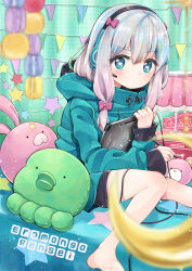 Rule 34 | 1girl, absurdres, barefoot, black hairband, blue eyes, blue hair, blue sweater, bow, commentary request, copyright name, eromanga sensei, hair bow, hairband, headphones, heart, heart-shaped pupils, highres, holding, holding stylus, indoors, izumi sagiri, multicolored hair, pink bow, pink hair, rainys bill, sitting, solo, star (symbol), stylus, sweater, symbol-shaped pupils, two-tone hair