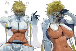 Rule 34 | 1girl, abs, absurdres, arrancar, bleach, blonde hair, breast tattoo, breasts, breath, dark-skinned female, dark skin, green eyes, groin, hair between eyes, highres, hollow (bleach), large breasts, looking at viewer, mask, mouth mask, navel, nervous sweating, nia (nia4294), number tattoo, revealing clothes, short hair with long locks, simple background, solo, squiggle, sweat, tattoo, tier harribel, toned, underboob, upper body, very sweaty