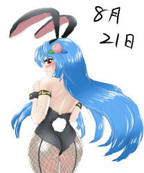 Rule 34 | 1girl, absurdres, angry, animal ears, ass, back, bare back, blue hair, blush, bunny day, rabbit ears, rabbit tail, clenched hands, embarrassed, fishnet pantyhose, fishnets, food, food on head, fruit, fruit on head, highres, hinanawi tenshi, hip focus, king (ougon kingyo-bachi), long hair, looking at viewer, object on head, pantyhose, peach, playboy bunny, red eyes, sketch, solo, tail, tears, thighs, touhou, very long hair, wrist cuffs