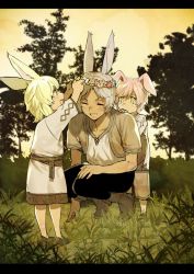 Rule 34 | 1girl, 2boys, animal ears, behind another, black border, black pants, blonde hair, blush, boots, border, brother and sister, brothers, child, closed eyes, commentary request, evening, final fantasy, final fantasy xiv, grass, grey hair, hand on another&#039;s shoulder, happy, head wreath, multiple boys, niboshi kom, orange sky, pants, pink hair, rabbit boy, rabbit ears, rabbit girl, shirt, short hair, short sleeves, siblings, sky, squatting, tree, viera, warrior of light (ff14), yellow eyes