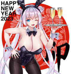 Rule 34 | 1girl, alcohol, animal ears, black leotard, blue eyes, bow, bowtie, breasts, britomart (fate), champagne, champagne flute, cleavage, cup, detached collar, drinking glass, fake animal ears, fate/grand order, fate (series), hair bun, hand on own hip, highleg, highleg leotard, highres, holding, holding tray, large breasts, leotard, looking at viewer, matsuryuu, one eye closed, pantyhose, playboy bunny, rabbit ears, smile, solo, strapless, strapless leotard, traditional bowtie, tray, twintails, wrist cuffs