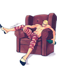 Rule 34 | 1boy, abs, blonde hair, body hair, bottle, bulge, donquixote doflamingo, glasses, male focus, muscular, one piece, topless male, shoes, sitting, solo