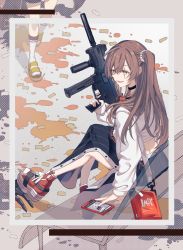 Rule 34 | 1girl, arm support, black choker, black skirt, blood on ground, brown eyes, brown hair, bullet, casual, cellphone, choker, commentary, full body, girls&#039; frontline, gun, h&amp;k ump, highres, holding, holding gun, holding weapon, id card, long hair, long skirt, long sleeves, looking at another, official alternate costume, on bench, open mouth, parted lips, phone, rabb horn, red bag, red footwear, sandals, scar, scar across eye, shell casing, shirt, shoes, side ponytail, simple background, sitting, skirt, smartphone, smile, sneakers, socks, solo, submachine gun, ump45 (corona sunset) (girls&#039; frontline), ump45 (girls&#039; frontline), ump9 (bee&#039;s knees) (girls&#039; frontline), ump9 (girls&#039; frontline), weapon, white shirt, white socks