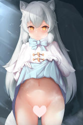 Rule 34 | 1girl, animal ear fluff, animal ears, arctic fox (kemono friends), blue bow, blue bowtie, blue skirt, blush, bow, bowtie, breath, capelet, censored, clothes lift, commentary, fox ears, fox girl, fox tail, fur-trimmed sleeves, fur trim, gloves, hair between eyes, highres, kemono friends, kesha, lifted by self, long hair, long sleeves, looking at viewer, navel, no panties, orange eyes, skirt, skirt lift, smile, solo, steaming body, sweat, tail, very long hair, white capelet, white gloves, white hair