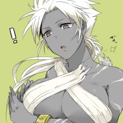 Rule 34 | !, 1girl, breasts, female focus, gender request, genderswap, grey eyes, large breasts, long hair, m.u.g.e.n, midnight bliss, mukai (king of fighters), open mouth, ponytail, simple background, snk, solo, surprised, the king of fighters, wardrobe malfunction, white hair
