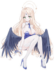 Rule 34 | 1girl, absurdres, ayumu (blue archive), bare shoulders, between breasts, black wings, blonde hair, blue archive, blue footwear, blue gloves, blue leotard, blue necktie, blush, breasts, collar, detached collar, feathered wings, forehead jewel, full body, gloves, green eyes, half gloves, halo, high heels, highres, knees together feet apart, knees up, large breasts, leotard, long hair, low wings, necktie, necktie between breasts, parted lips, shoes, simple background, sitting, solo, strapless, strapless leotard, tandohark, thighhighs, very long hair, white background, white collar, white thighhighs, wing collar, wings, wrist cuffs