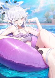 Rule 34 | 1girl, bikini, blue archive, blush, breasts, closed mouth, collarbone, day, feet out of frame, halo, highres, himari (blue archive), innertube, long hair, mole, mole under eye, navel, one eye closed, outdoors, pointy ears, pool, purple bikini, purple eyes, purple halo, small breasts, smile, solo, swim ring, swimsuit, tongue, tongue out, water, white hair, zanya 000