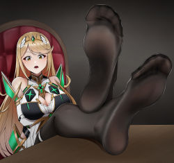 Rule 34 | absurdres, black pantyhose, blonde hair, breasts, cleavage cutout, clothing cutout, commission, crossed arms, crossed legs, feet, foot focus, foot up, gloves, greek toe, hair ornament, highres, large breasts, long hair, mythra (xenoblade), open mouth, pantyhose, pixiv commission, soles, solo, toes, tsa, white gloves, xenoblade chronicles (series), xenoblade chronicles 2, yellow eyes