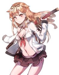 Rule 34 | 10s, 1girl, adapted costume, akieda, bikini, bikini top only, black ribbon, black skirt, blonde hair, breasts, collarbone, fighting stance, hair flaps, hair ornament, hair ribbon, hairclip, holding, holding sword, holding weapon, jacket, kantai collection, katana, long hair, long sleeves, looking at viewer, midriff, navel, open clothes, open jacket, ready to draw, red eyes, ribbon, sheath, sheathed, skirt, small breasts, solo, straight hair, swimsuit, sword, weapon, weapon on back, yuudachi (kancolle), yuudachi kai ni (kancolle)