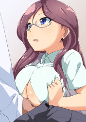 Rule 34 | 1boy, 1girl, blue eyes, blush, breasts, breasts squeezed together, brown hair, dress shirt, glasses, hetero, highres, idolmaster, idolmaster cinderella girls, large breasts, long hair, looking up, open clothes, open mouth, open shirt, paizuri, paizuri under clothes, penis, shirt, short sleeves, solo focus, uncensored, underboob, yagami makino, yuuichi (reductionblack)