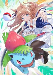 Rule 34 | 1girl, animal ears, arm up, asymmetrical footwear, black footwear, black pantyhose, blue eyes, blue jacket, blush, boots, bow, brown hair, bulbasaur, collarbone, commentary request, creatures (company), ear ornament, ear ribbon, eyelashes, fangs, floating hair, flower, full body, game freak, gen 1 pokemon, grass wonder (umamusume), halftone, halftone background, highres, holding, horse ears, horse girl, jacket, leaf, long hair, long sleeves, looking at viewer, mismatched footwear, multicolored background, multicolored hair, nabe puyo, neckerchief, nintendo, open clothes, open jacket, open mouth, outstretched arm, pantyhose, parted lips, poke ball, poke ball (basic), pokemon, pokemon (creature), red eyes, ribbon, sailor collar, sidelocks, skirt, solo, teeth, two-tone hair, umamusume, v-shaped eyebrows, white footwear, white hair, white neckerchief, white sailor collar, white skirt