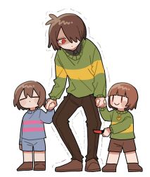 Rule 34 | 3others, = =, androgynous, blue shorts, blue sweater, blunt bangs, blush stickers, brown footwear, brown hair, brown pants, brown shorts, c:, chara (undertale), child, closed eyes, closed mouth, deltarune, dot mouth, frisk (undertale), full body, green sweater, hair over one eye, heart pendant, height difference, highres, holding hands, kris (deltarune), multiple others, no nose, one eye covered, other focus, pants, red eyes, shaded face, shoes, short hair, shorts, simple background, smile, stab, standing, sweater, tadeno, trembling, undertale, white background, | |