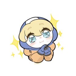 Rule 34 | + +, 1girl, animification, apex legends, artist name, blonde hair, blue eyes, blue gloves, chibi, chinese commentary, gloves, heart, heart in eye, hood, hood down, hood up, hooded jacket, jacket, orange jacket, own hands together, shengdiyu, simple background, smile, solo, sparkle, symbol in eye, wattson (apex legends), white background