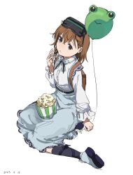 Rule 34 | 1girl, backpack, bag, balloon, black socks, blue footwear, blue ribbon, blue skirt, brown eyes, brown hair, collared shirt, eating, empty eyes, flat chest, food, gekota, goggles, goggles on head, head-mounted display, highres, holding, holding balloon, lace trim, long sleeves, looking at viewer, misaka imouto, misaka imouto 10046, neck ribbon, official alternate costume, popcorn, pout, ribbon, shirt, shoes, short hair, sitting, sketch, skirt, sneakers, socks, solo, suspender skirt, suspenders, takatisakana, toaru majutsu no index, white background, white shirt