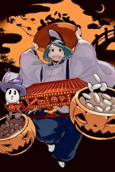 1girl :d :o aqua_eyes aqua_hair arms_up baggy_pants board_game bowl bridge commentary cosplay crescent_moon floating floating_object fujiwara_no_sai fujiwara_no_sai_(cosplay) full_body ghost go_(board_game) halloween hat highres hikaru_no_go holding holding_bowl ishinoshita_shou jack-o&#039;-lantern japanese_clothes kariginu kimono long_sleeves looking_at_viewer medium_hair moon open_mouth orange_sky original pants peeking_out sky smile solo tabi tate_eboshi wide_sleeves witch_hat